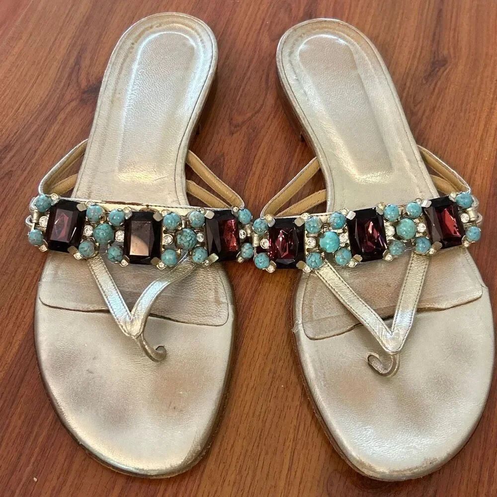 Valentino gold leather sandals with purple turquoise jewels gemstone size 39 siz